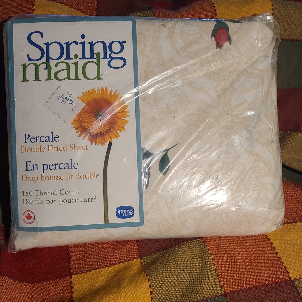 Springmaid Cream 'Lemon' Percale Double Fitted Sheet, Vintage, New Old Stock